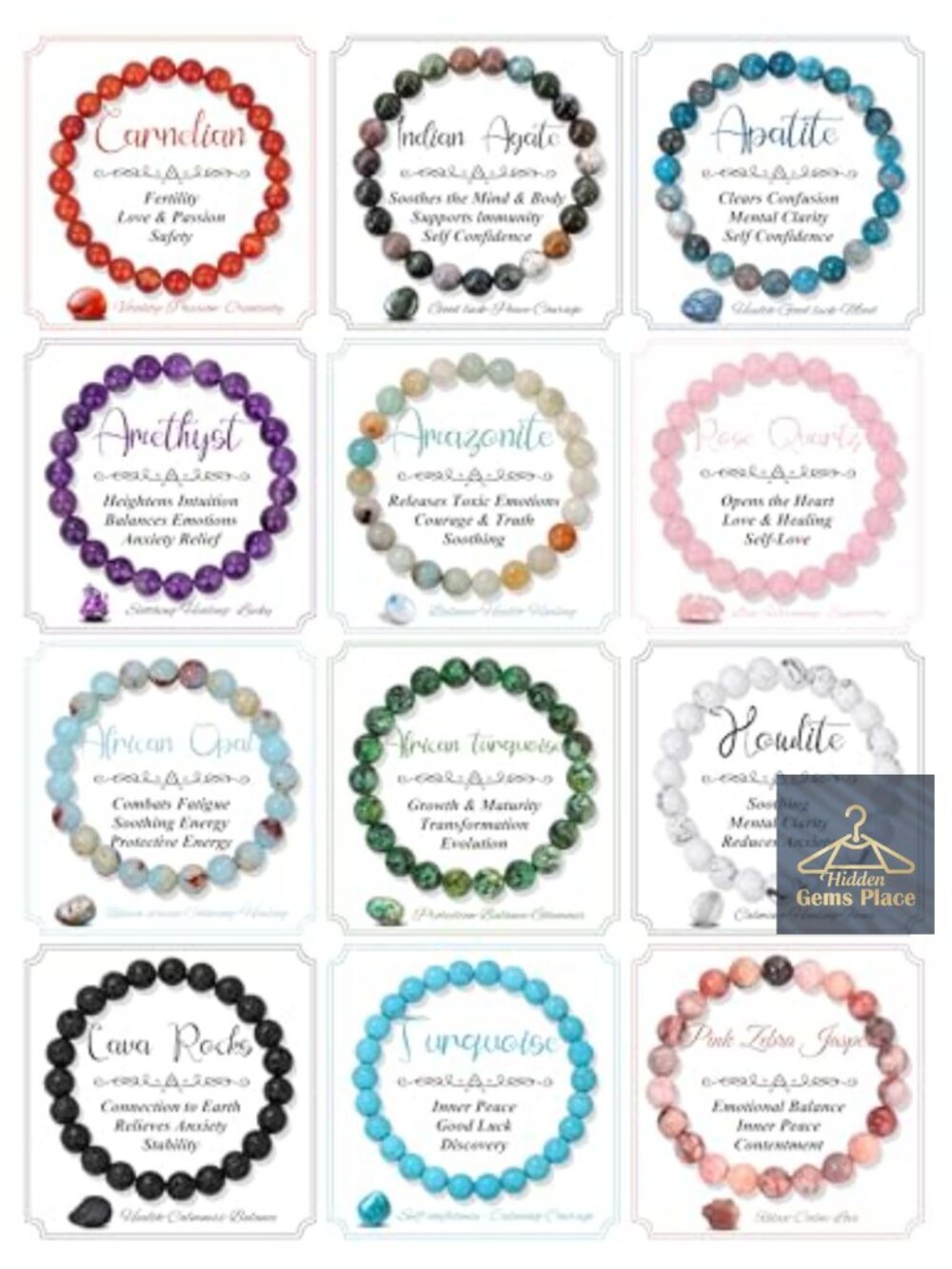 12 Natural Gemstone Beaded Stretch Bracelets Set - Healing Crystal Yoga